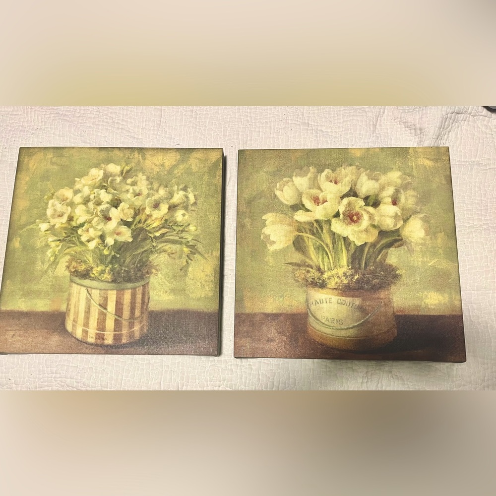 Hatbox Tulips & Freesia by Danhui Nai 14”x 14” Canvas Wall Art (Set of 2)
